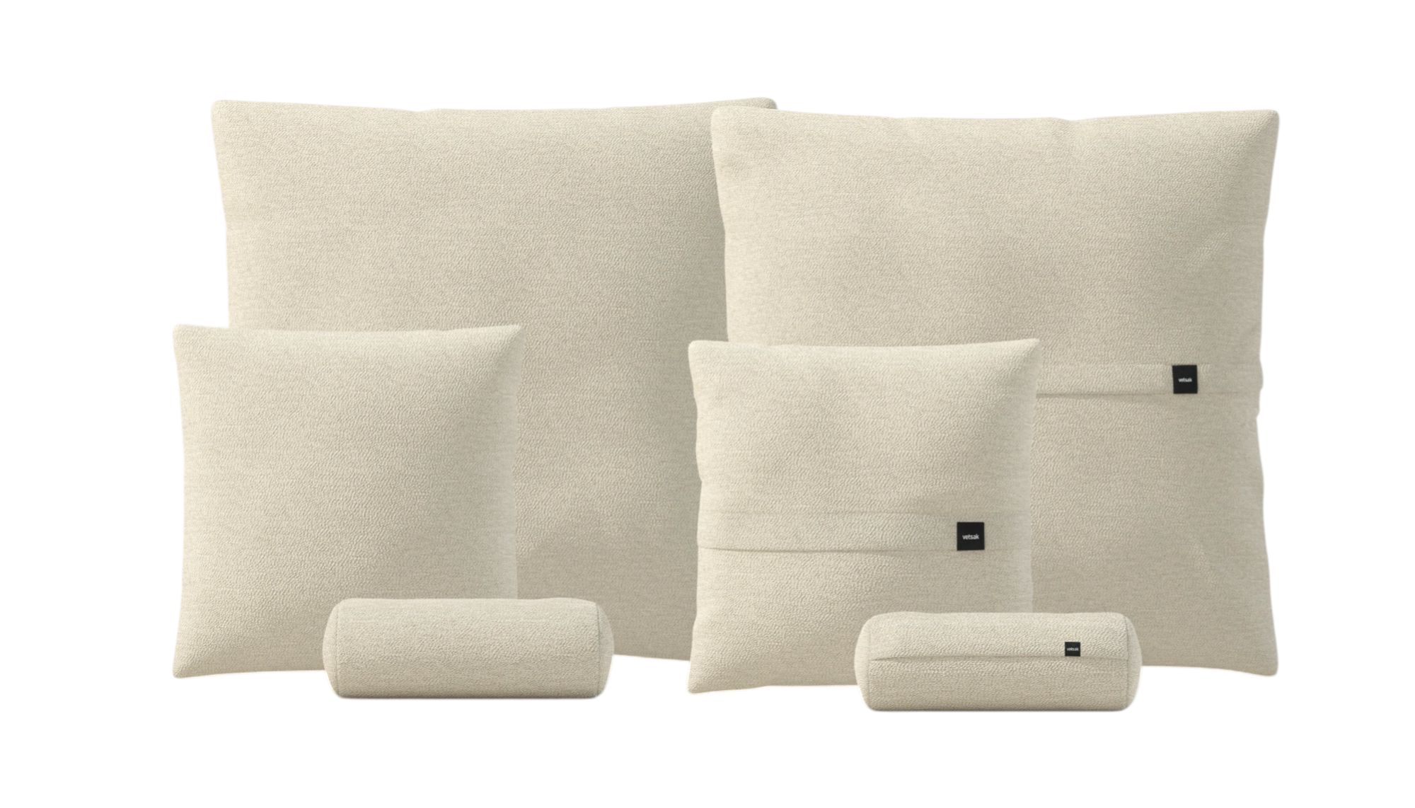 Vetsak Pillow Set, 6-teilig in Beige: Dekorative Kissen und Nackenrollen für Sofa und Bett.