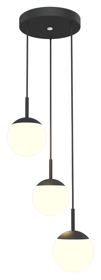 Mooon Triple Pendelleuchte von Fermob mit drei runden, leuchtenden Lampenschirmen in unterschiedlicher Höhe.