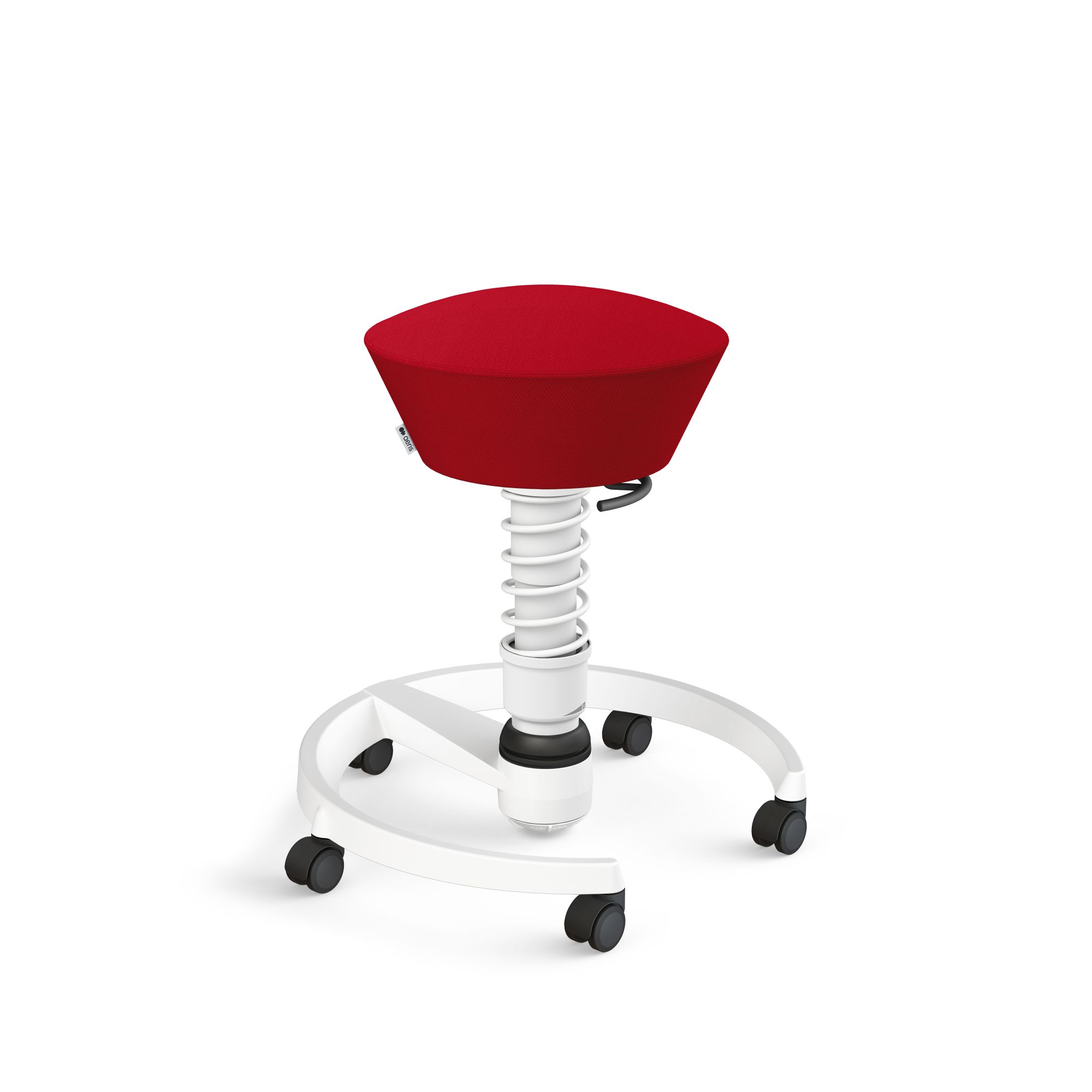 Roter Aeris Swopper Bürostuhl mit weißem Fußkreuz und Rollen für ergonomisches Sitzen.