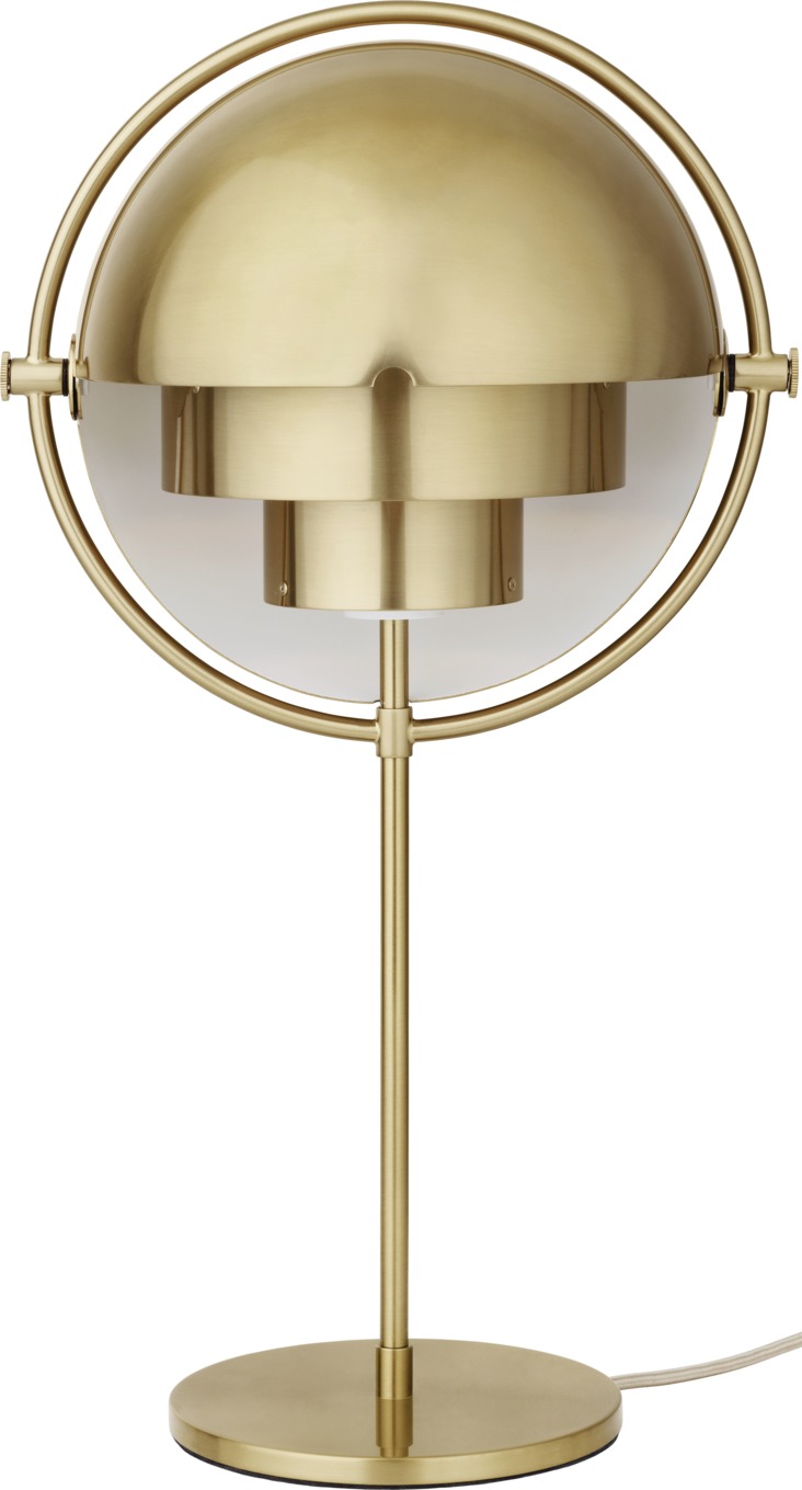 Gubi Multi-Lite Tischleuchte in Messing: Moderne Tischlampe mit verstellbarem Schirm für indirektes Licht.