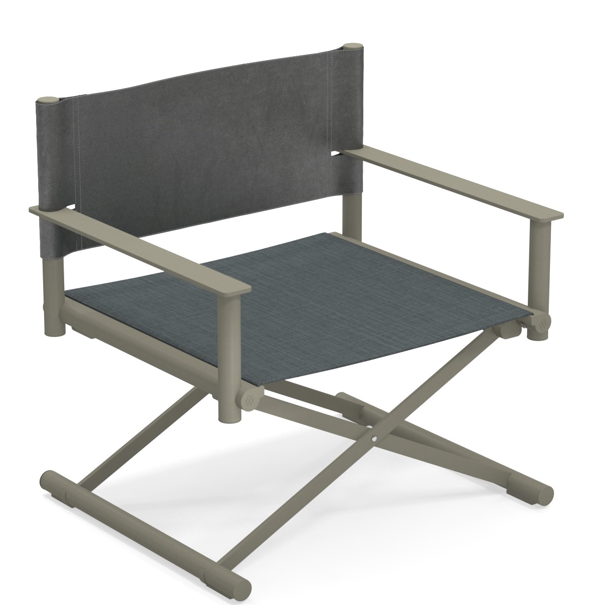 Emu Terra Lounge Chair Outdoor Sessel mit Armlehnen und grauem Stoffbezug, modernes Design.