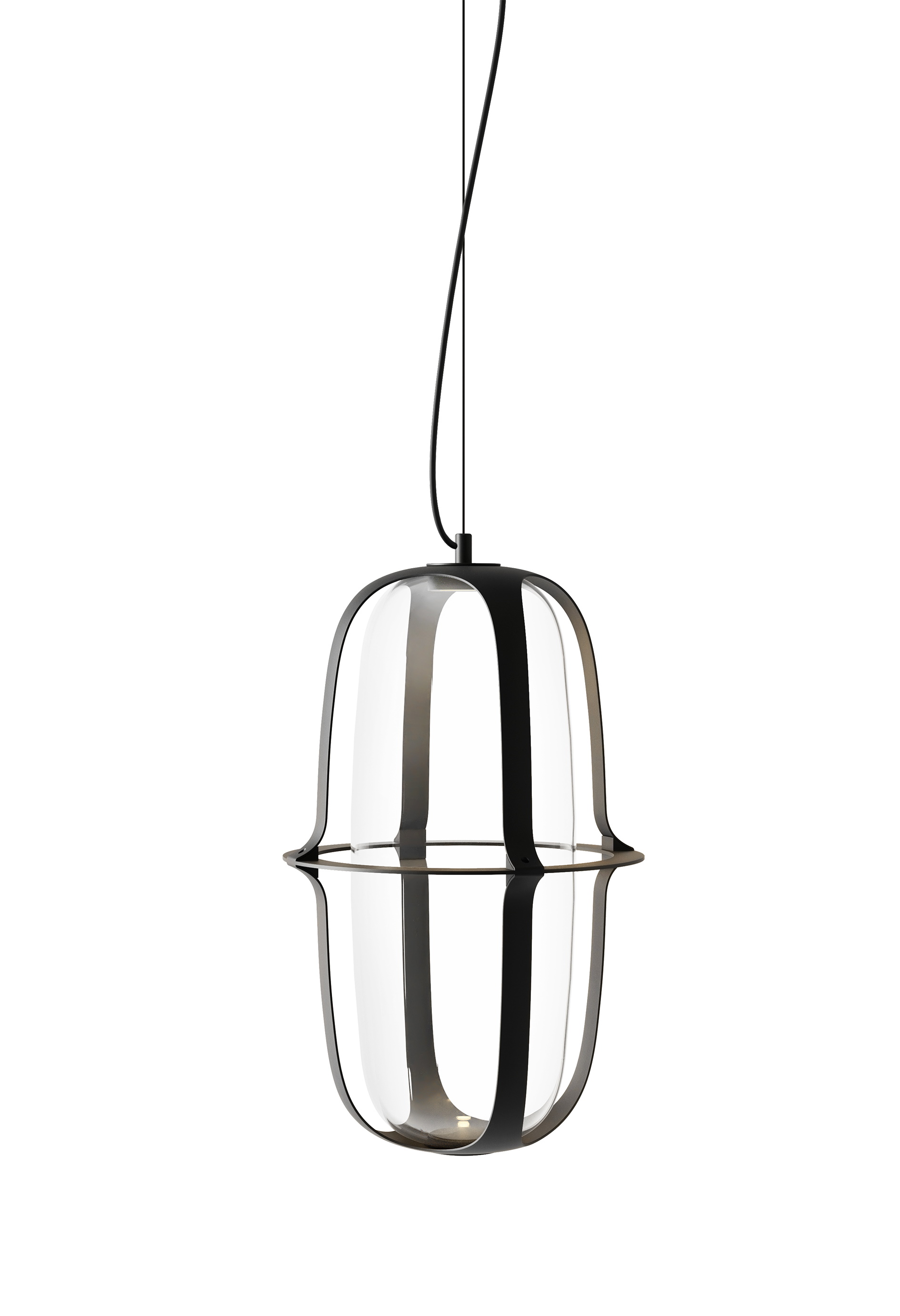 Kooi Pendelleuchte: Moderne Hängelampe mit transparentem Glas und schwarzen Streben für stilvolle Beleuchtung.