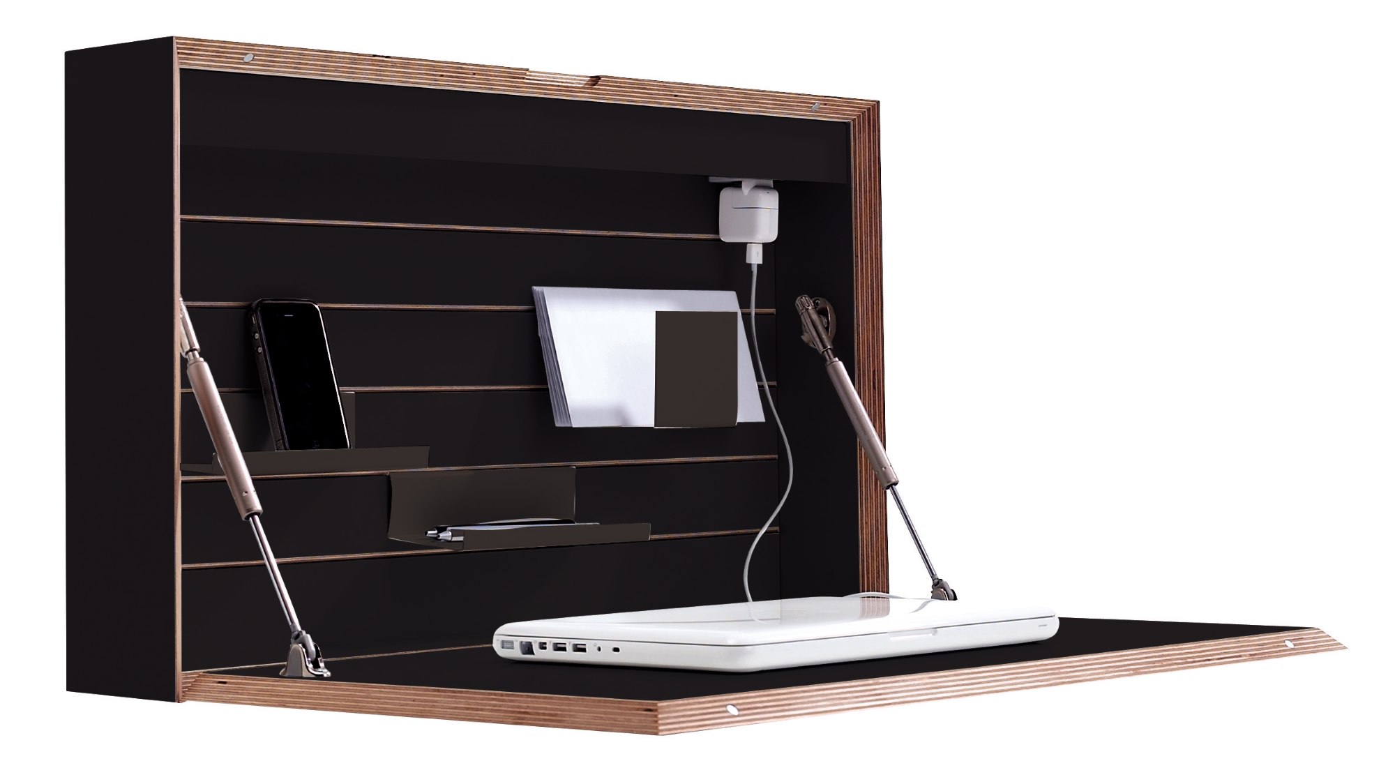 Flatbox Sekretär von Müller Möbelwerkstätten, geöffnet, mit Laptop, Smartphone und Büromaterial für das Homeoffice.