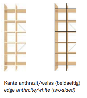 FNP Regal von Nils Holger Moormann, Ansicht der Kanten in Anthrazit und Weiß.