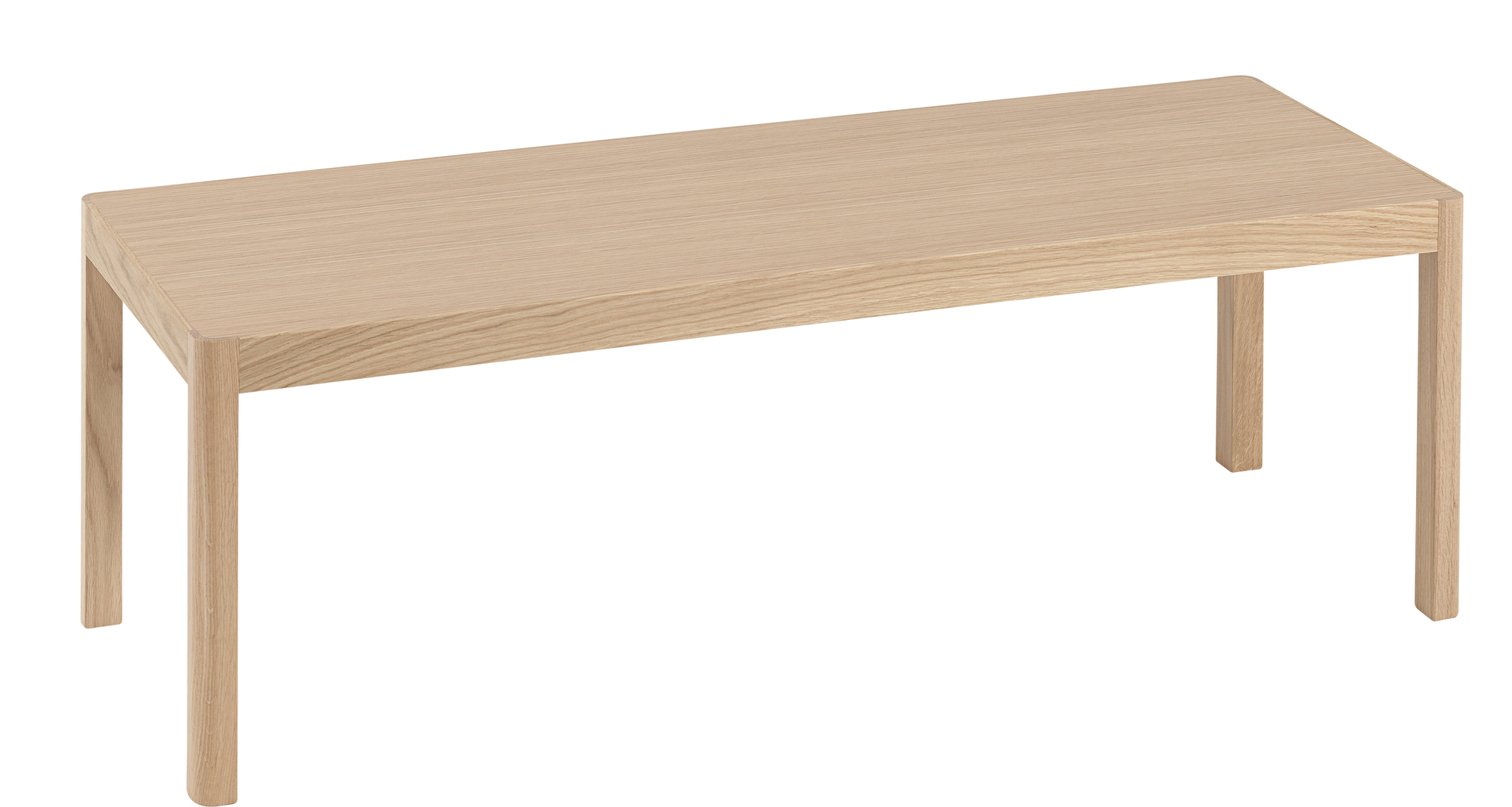 Muuto Workshop Couchtisch aus Eichenholz, rechteckige Tischplatte mit abgerundeten Ecken und vier geraden Beinen.