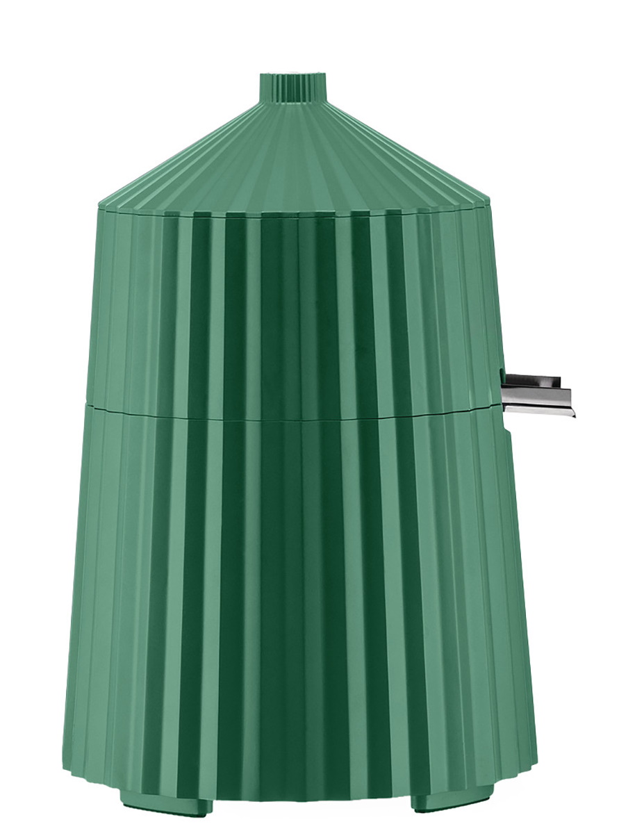Grüne Alessi Zitronenpresse MDL07 mit Plissee-Design. Elektrische Saftpresse für frischen Zitronensaft.