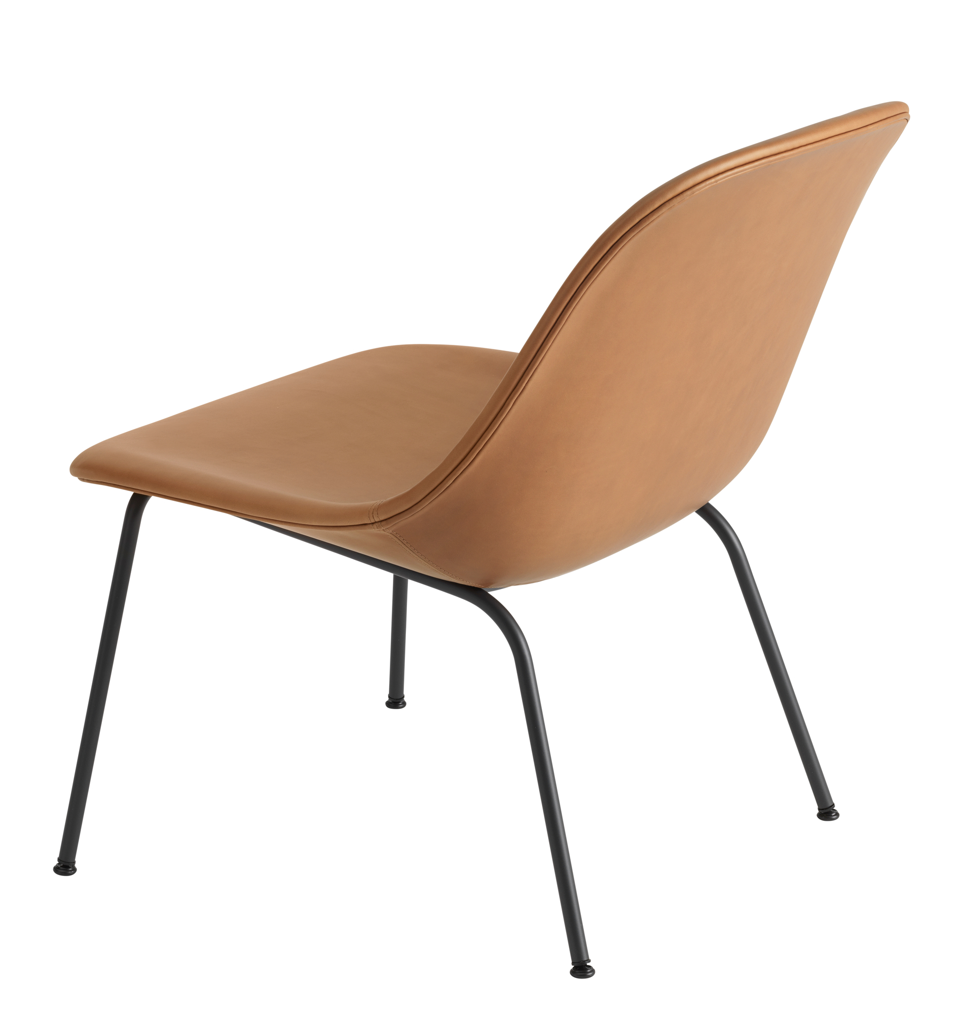 Muuto Fiber Lounge Chair mit Lederbezug und schwarzem Stahlrohrgestell, Ansicht von hinten.