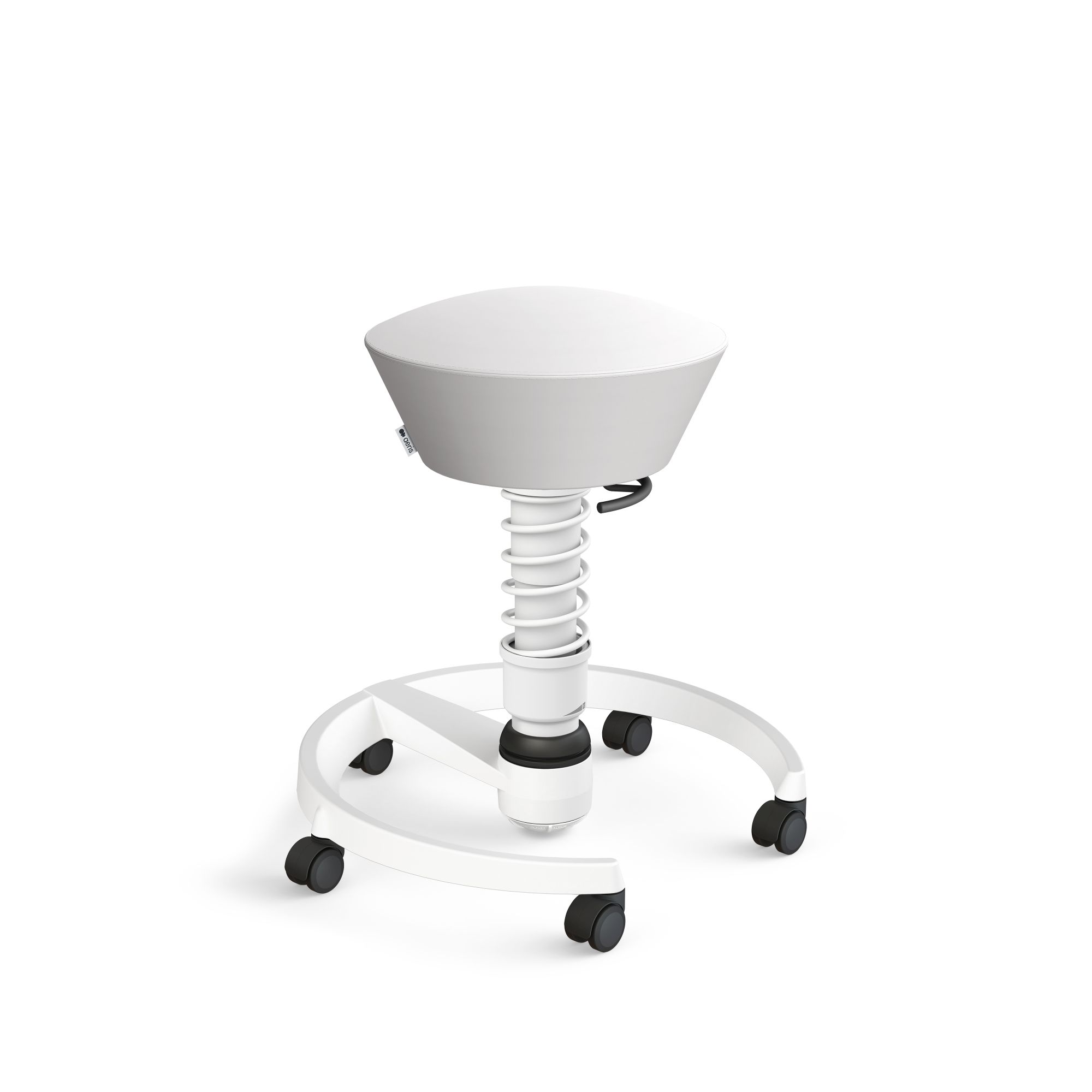 Weißer Bürohocker mit Rollen, höhenverstellbar und ergonomisch für dynamisches Sitzen im Büro.