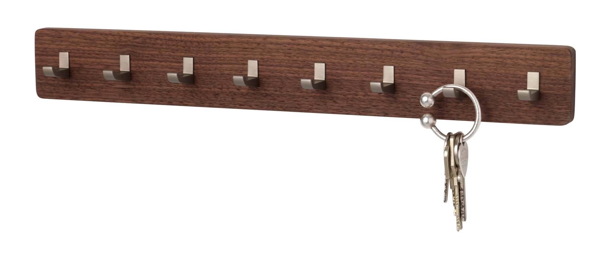 Schönbuch Key Bar Schlüsselhakenleiste aus Nussbaumholz mit sieben Haken und Schlüsselbund.