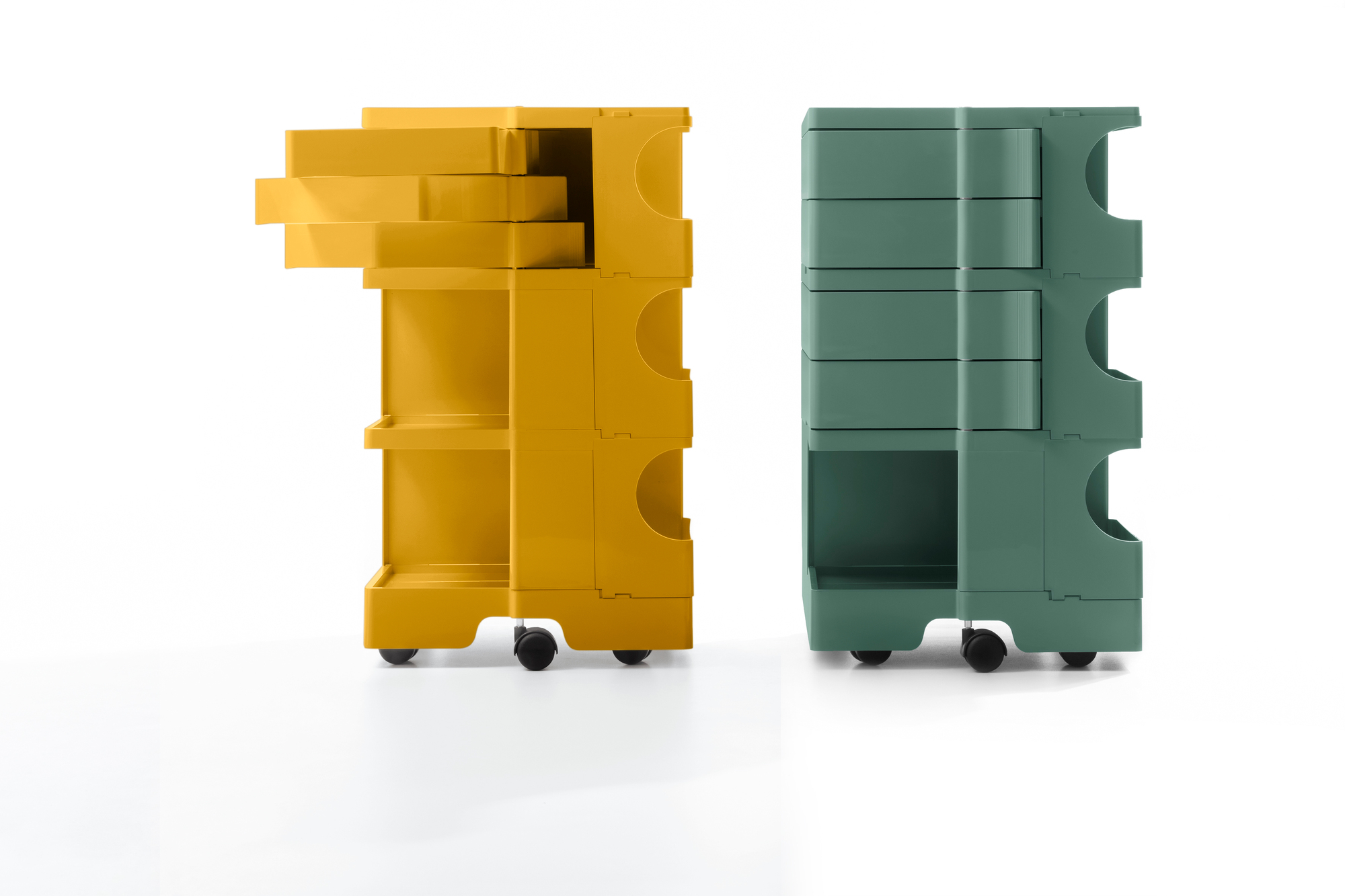 Gelber und grüner Boby Rollcontainer B46 B-Line mit Schubladen und Fächern auf Rollen.