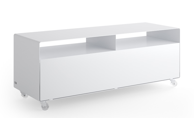 Weißes R 109N Sideboard von Müller Möbelfabrikation mit Rollen. Modernes, minimalistisches Design für Wohnzimmer und Büro.