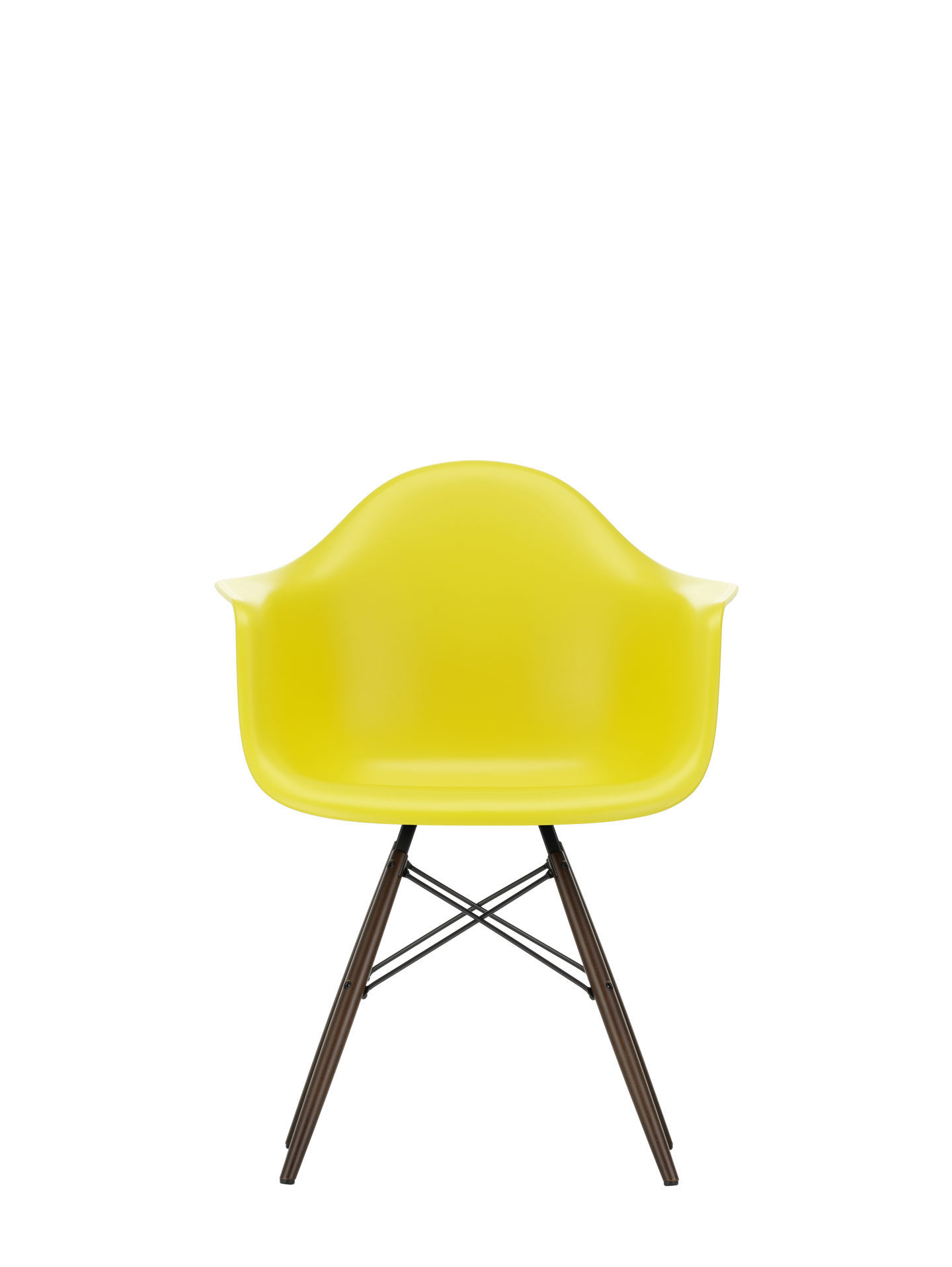 Vitra Eames Plastic Arm Chair DAW Stuhl in Gelblich mit Ahorn-Gestell, Frontansicht.