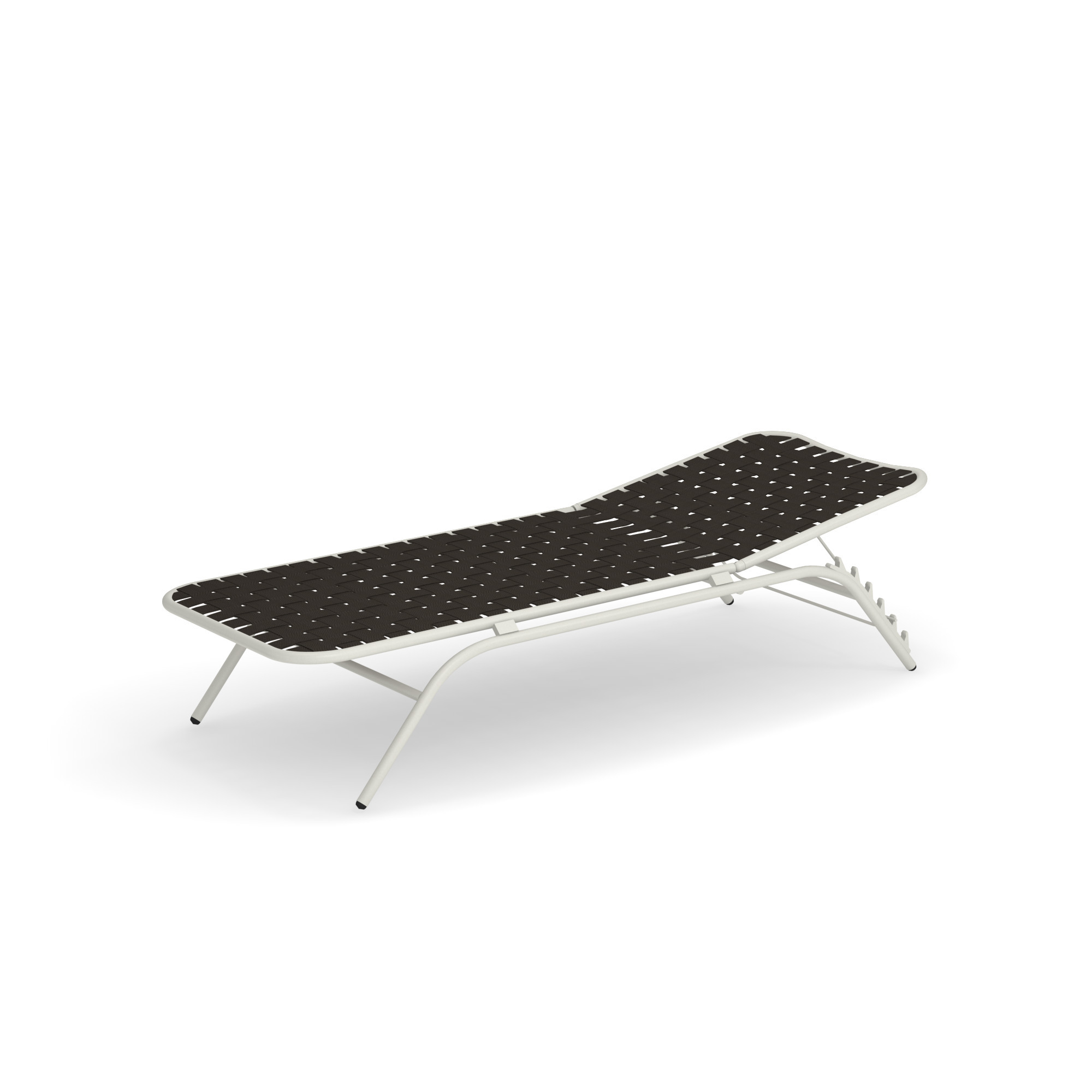 Emu Yard Sonnenliege mit verstellbarer Rückenlehne und dunkelbrauner Sitzfläche aus elastischen Gurten.