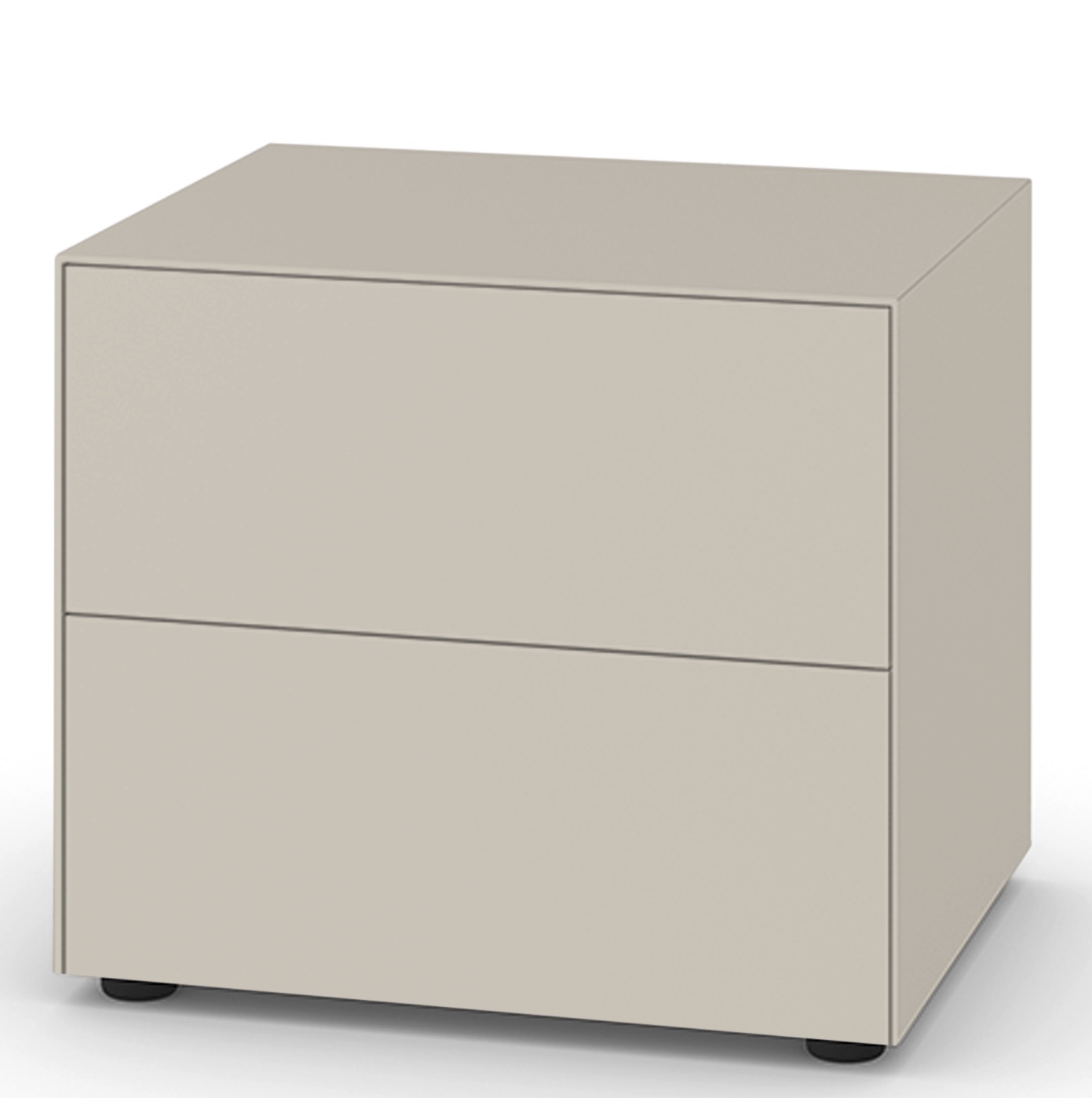 Piure Nex Pur Box Board Nachttisch mit zwei Schubladen in Beige, modernes Schlafzimmermöbel.