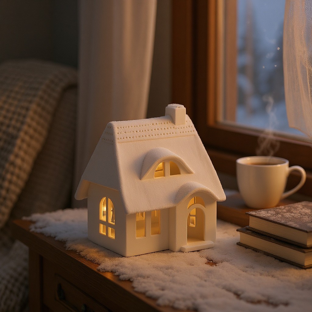 Nahaufnahme des Räder Lichthaus Reetdachhaus, ein weißes Keramikhaus mit warmem Licht, neben einer Tasse Kaffee.