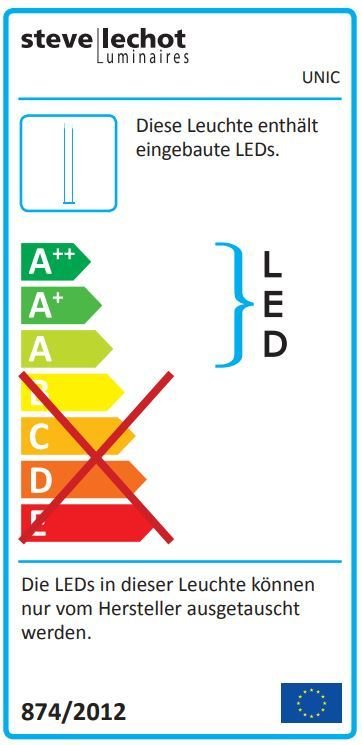 Energieetikett der Unic LED Stehleuchte mit Energieeffizienzklasse A++ bis E.