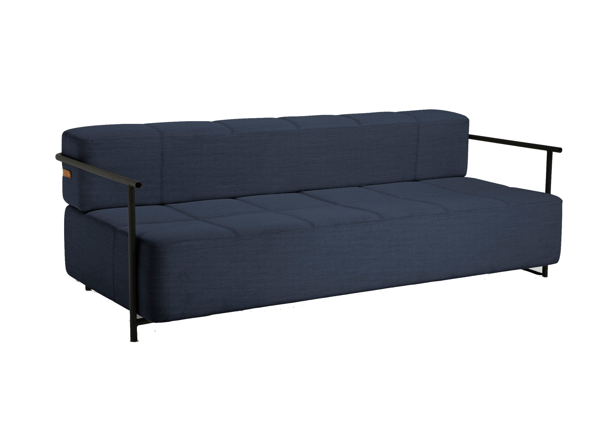 Graues Daybe Schlafsofa mit Armlehnen und schwarzem Metallgestell, modernes Design für Wohnzimmer.