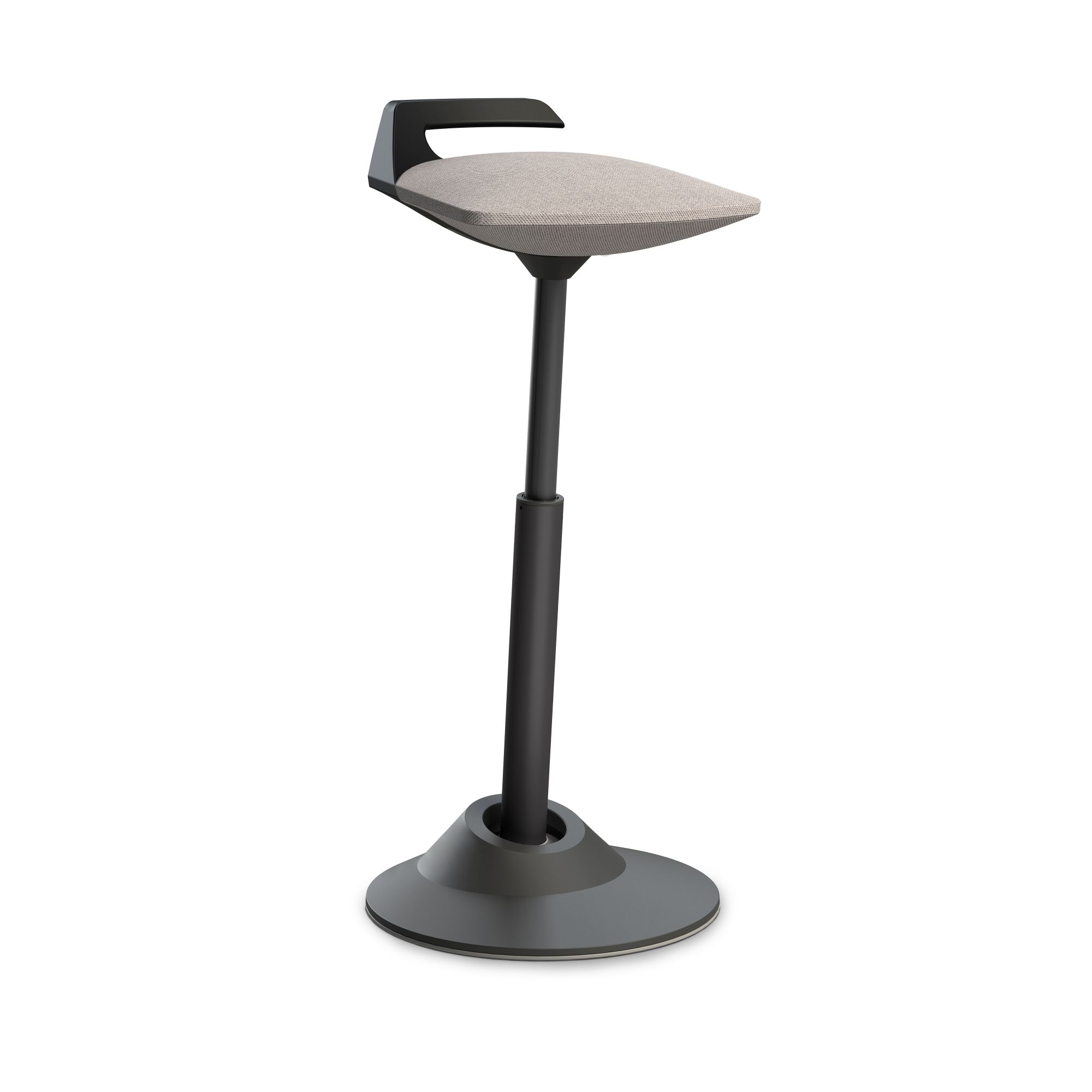 Ergonomischer Stehhocker mit grauem Stoffbezug und schwarzem Gestell für Büro und Homeoffice.