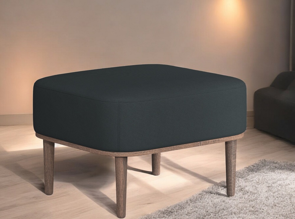 Serena Pouf Ottoman mit dunkel gebeiztem Eichengestell und weißem Nubbio-Bezug, moderner Hocker.