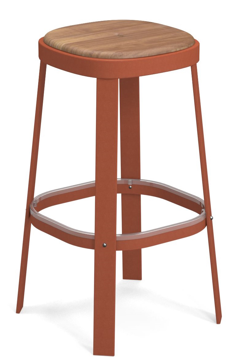 Thor Barstool Barhocker Outdoor Emu mit Holz-Sitzfläche und terrakottafarbenem Gestell für den Garten.