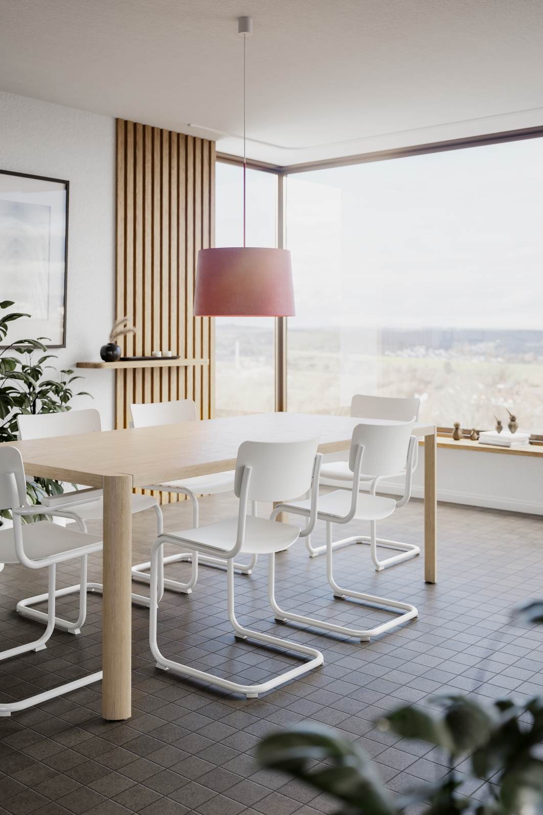 Heller 1140 Thonet Esstisch aus Holz mit weißen Freischwinger Stühlen in modernem Esszimmer.