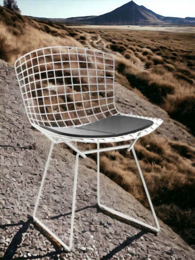 Weißer Bertoia Stuhl Outdoor von Knoll International mit schwarzem Sitzkissen auf Felsen. Design Gartenstuhl.
