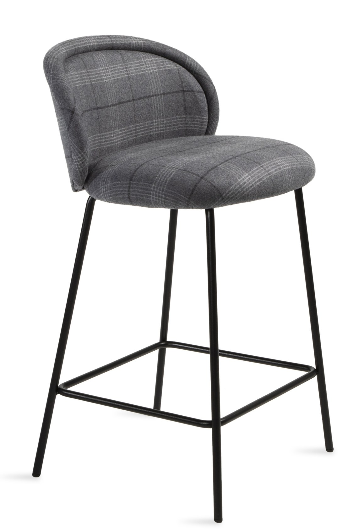 Ona Kitchenstool Barhocker von Freifrau Manufaktur mit grau kariertem Bezug und schwarzem Metallgestell.