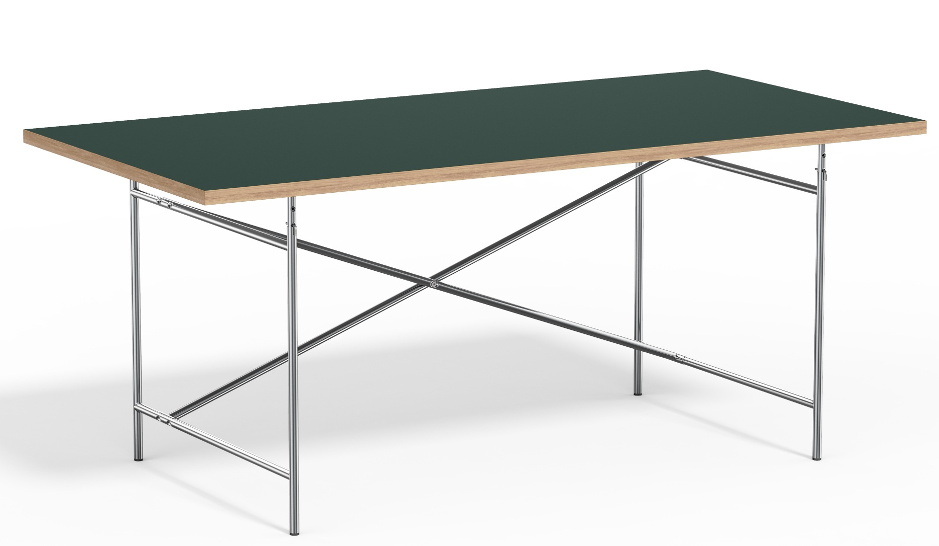 Eiermann Tisch mit dunkelgrüner Tischplatte und verchromtem Stahlgestell, Designklassiker für Büro und Arbeitszimmer.