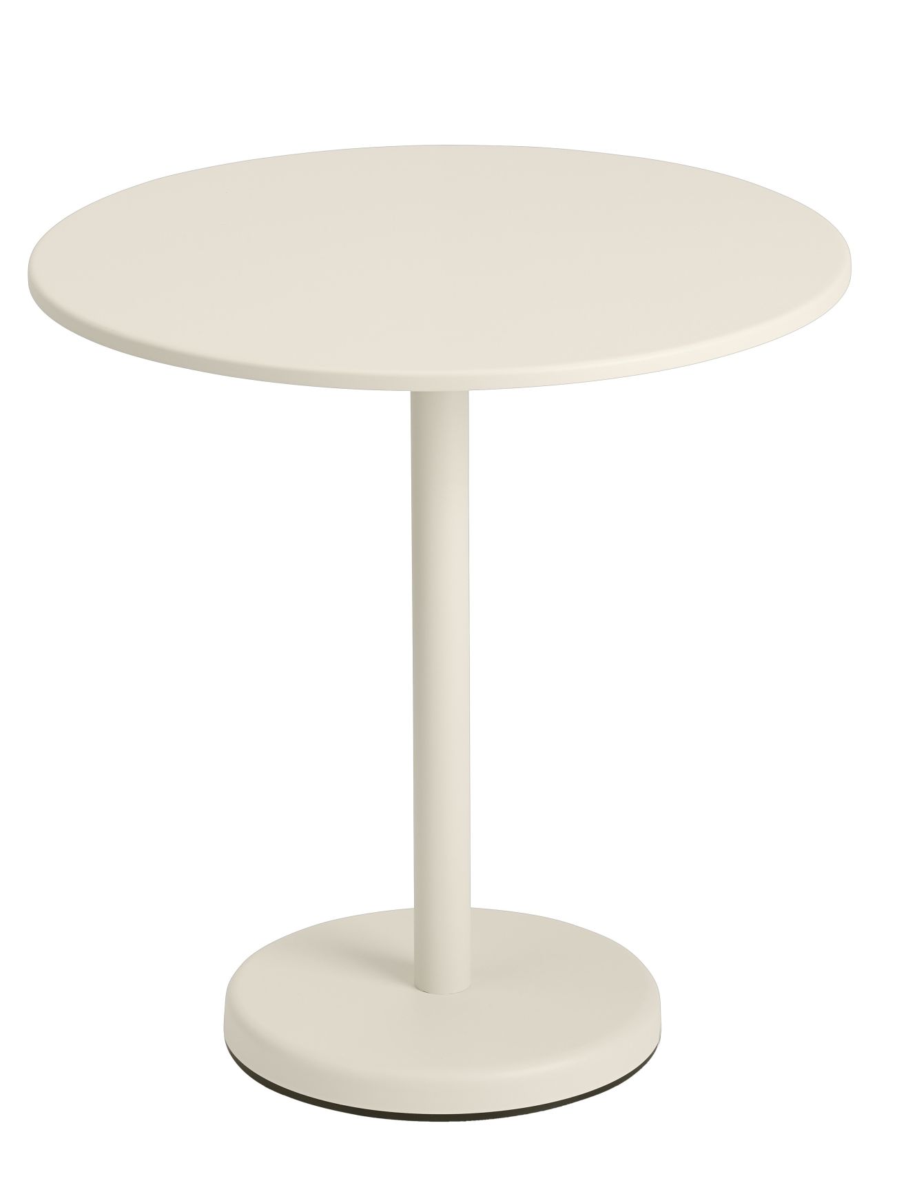 Beiger Linear Steel Cafè Table von Muuto, runder Outdoor Beistelltisch aus pulverbeschichtetem Stahl.