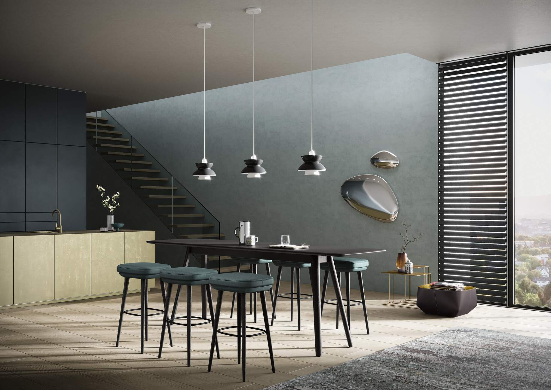 Moderner Wohnraum mit Walter Knoll Teppich, Barhockern, Esstisch und stilvoller Dekoration für gehobenes Wohnambiente.