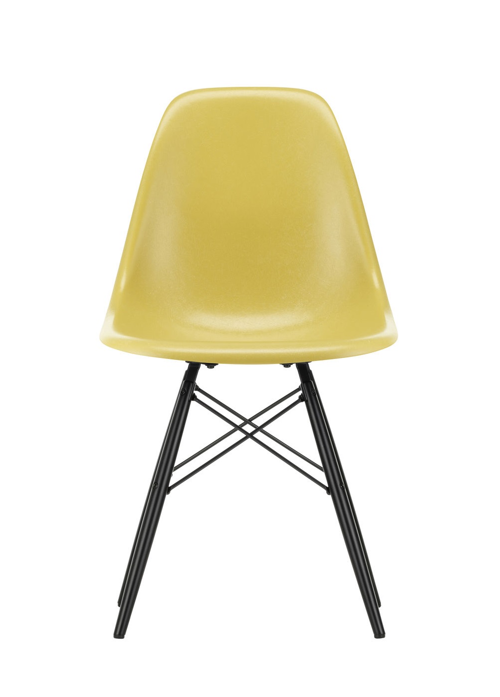 Gelber Eames Plastic Side Chair DSW Stuhl von Vitra mit schwarzem Metallgestell, Frontansicht.