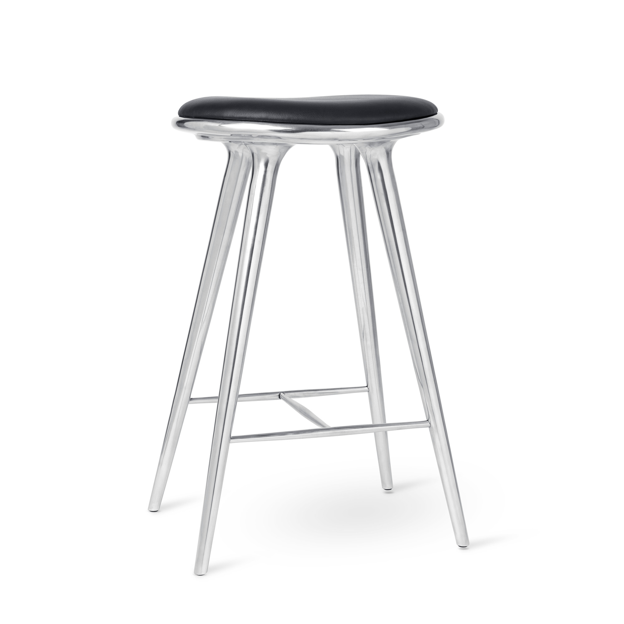 Moderner Barhocker aus Aluminium mit schwarzem Sitzpolster, ideal für Küche oder Bar.