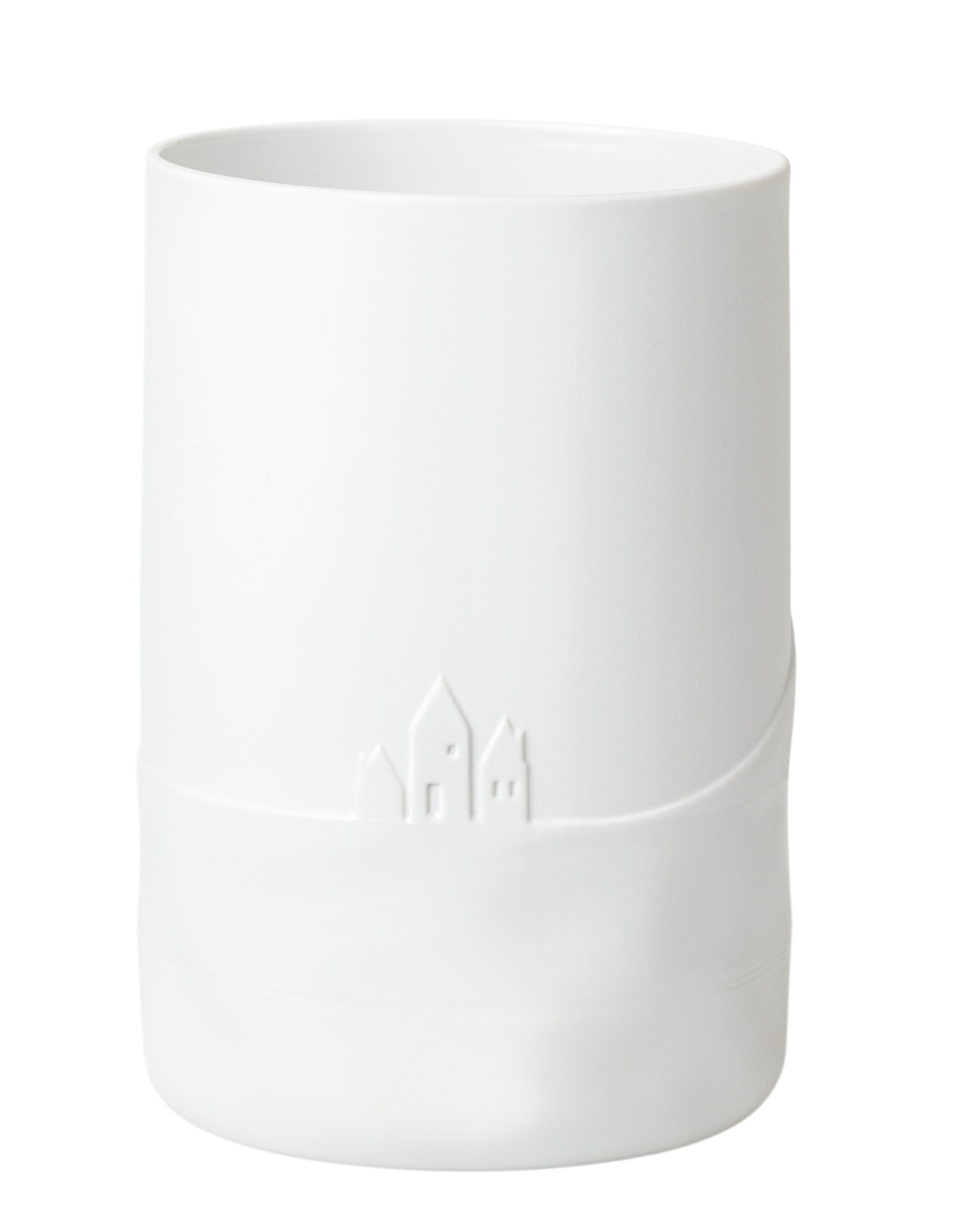 Schneetag Vase: Weiße Blumenvase mit geprägtem Winterdorf-Motiv für Wohnzimmer, Tischdeko und saisonale Dekoration.