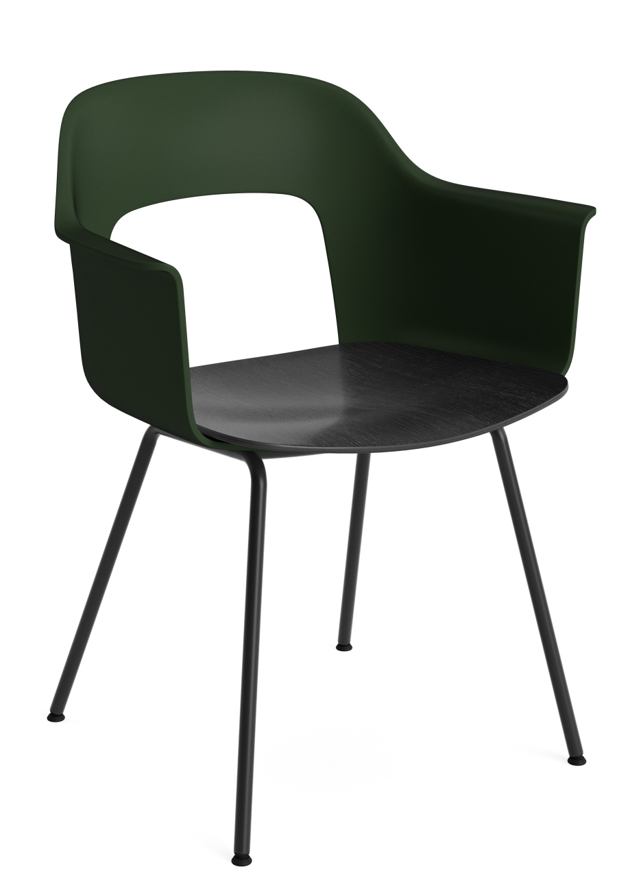 Layout Armchair 212 von Hay: Moderner Armlehnstuhl in Grün mit schwarzer Sitzfläche und filigranem Metallgestell.