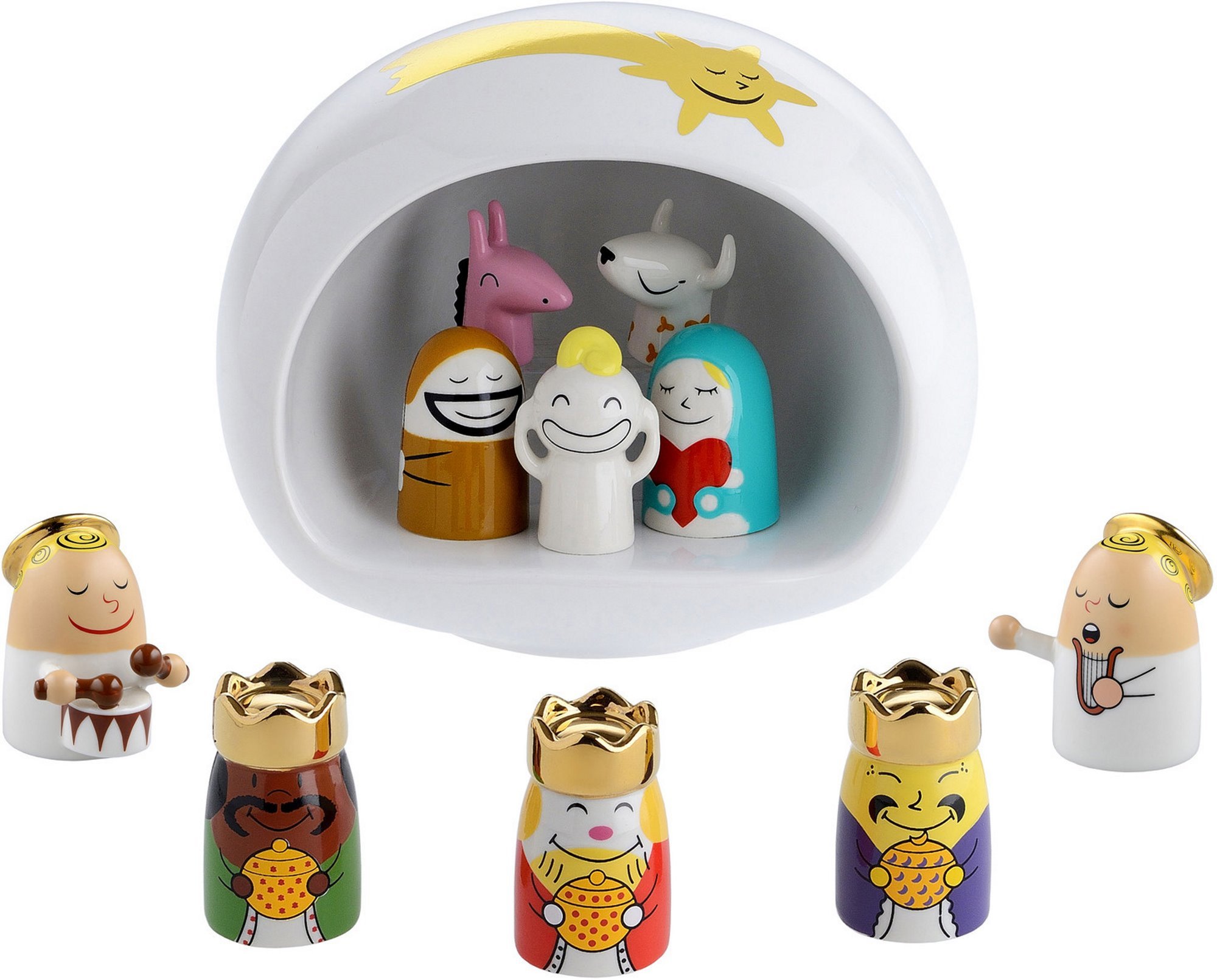 Alessi Weihnachtskrippe mit Maria, Josef, Jesuskind, Tieren, Sternschnuppe und Heiligen Drei Königen.