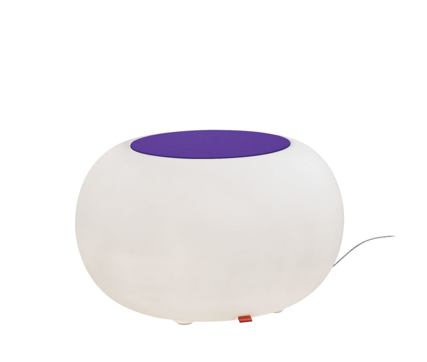 Moree Bubble Indoor Sitzgelegenheit: Runde, weiße Sitzgelegenheit mit violettem Sitzkissen für den Innenbereich.
