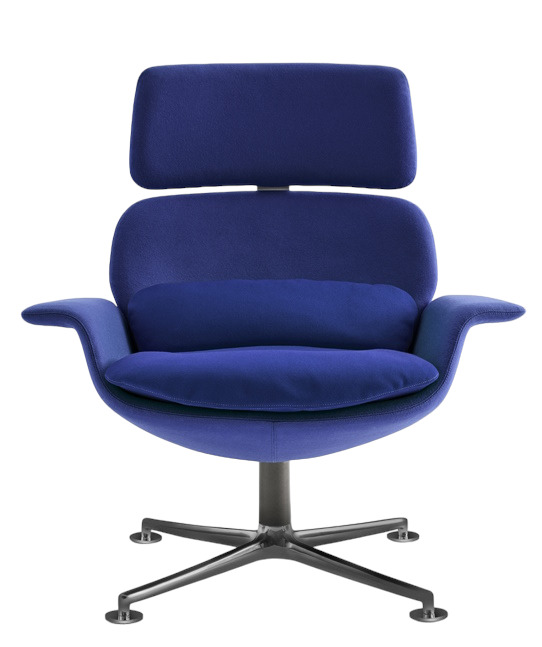 Blauer KN02 Sessel von Knoll International mit hoher Rückenlehne und Drehfuß.