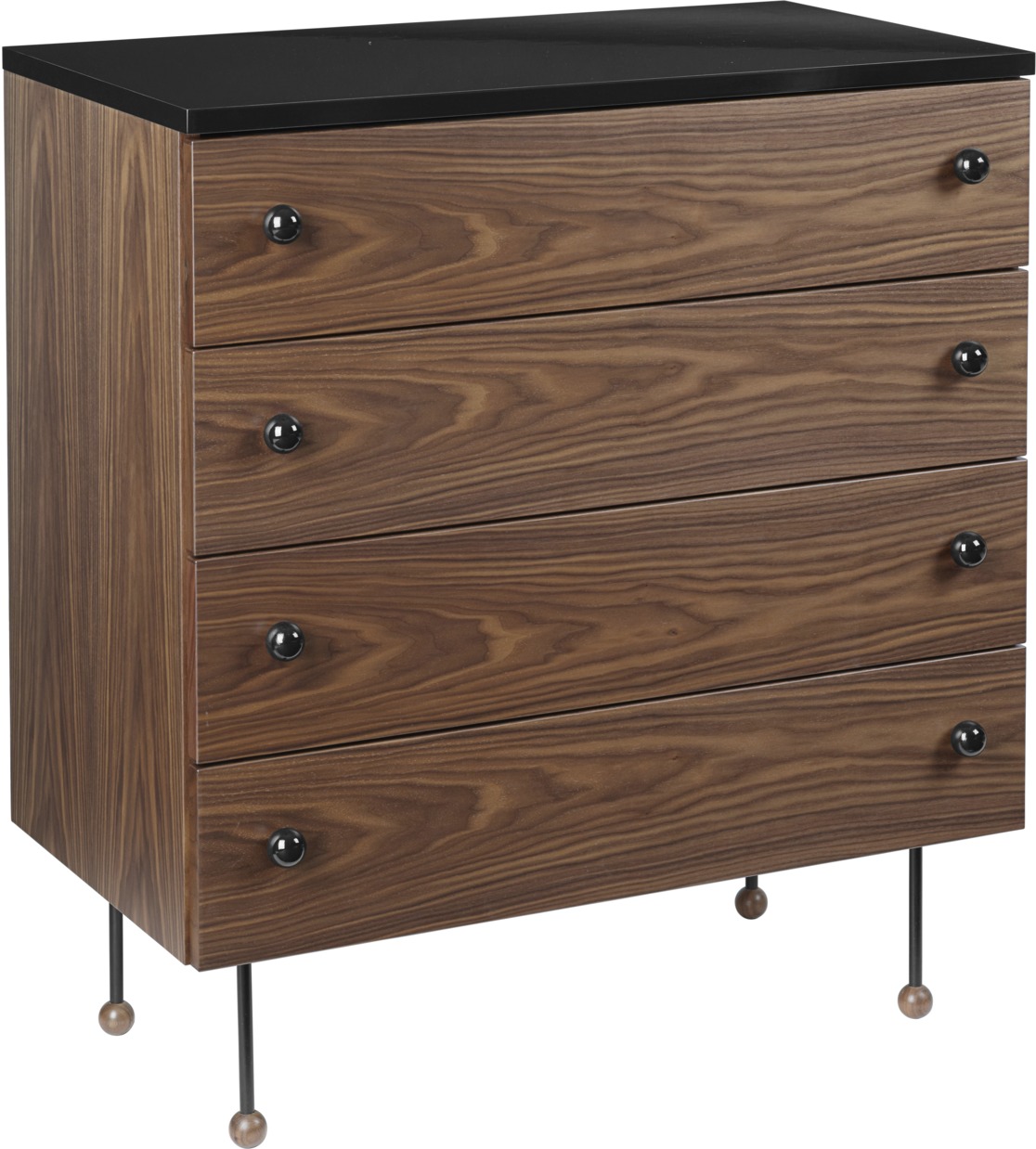 Gubi Kommode mit vier Schubladen in Walnussoptik und schwarzer Tischplatte. Design Kommode.