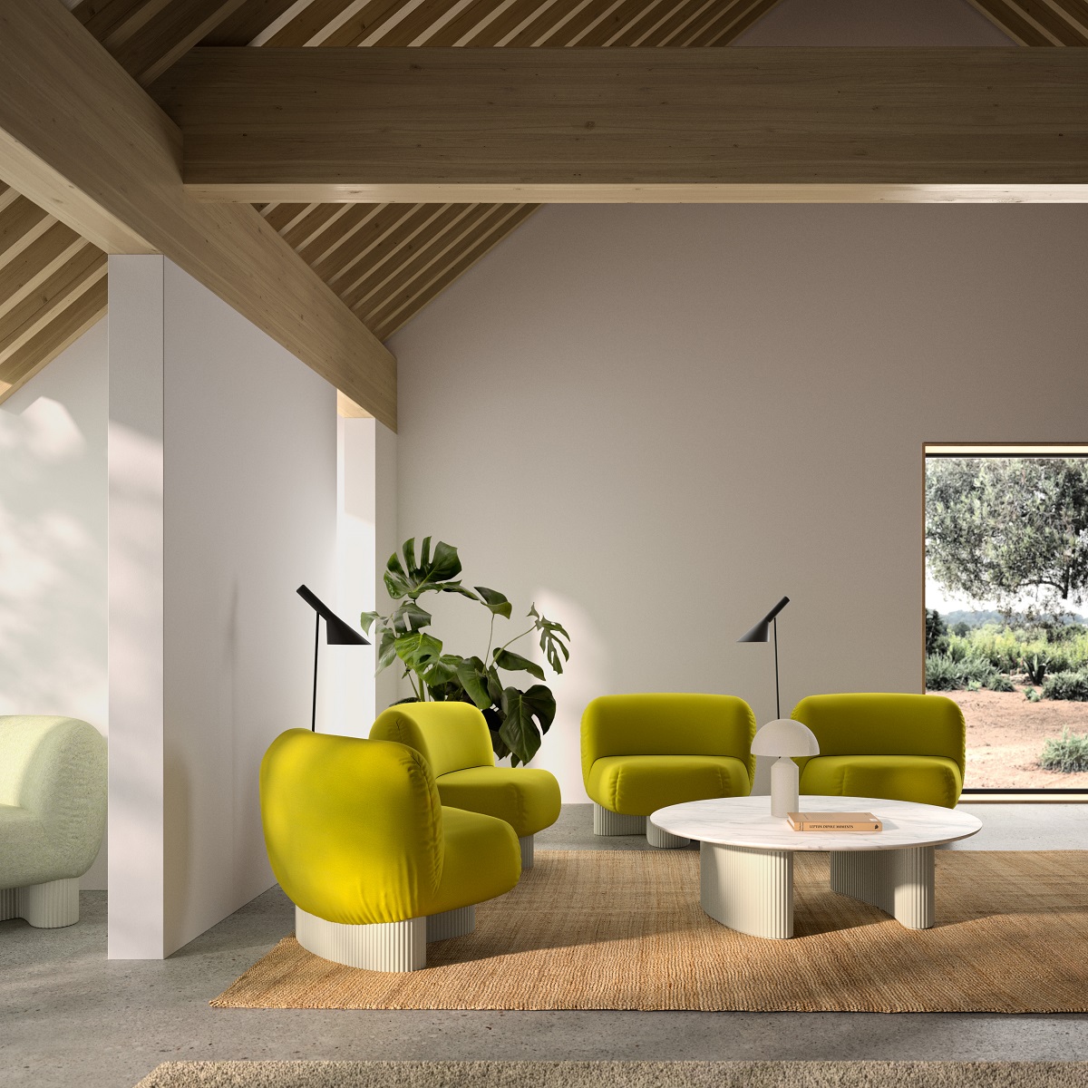Helles Wohnzimmer mit Bolete Lounge BIO Sessel von Andreu World in Gelb und Couchtisch.