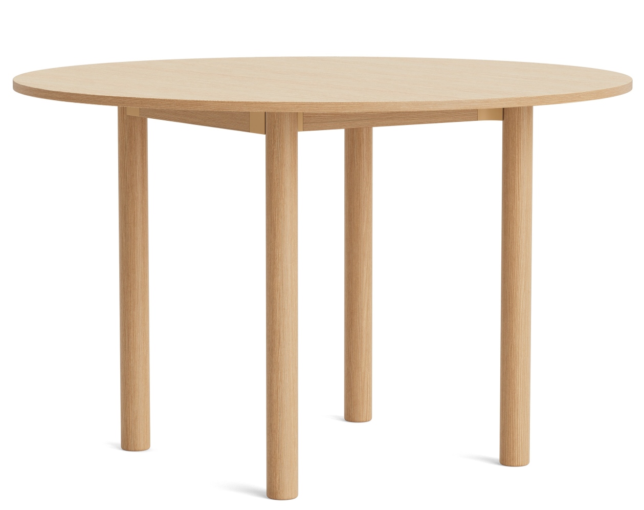 Annex Table Round Esstisch von Hay, runder Holztisch mit vier Beinen, helle Holzfarbe.