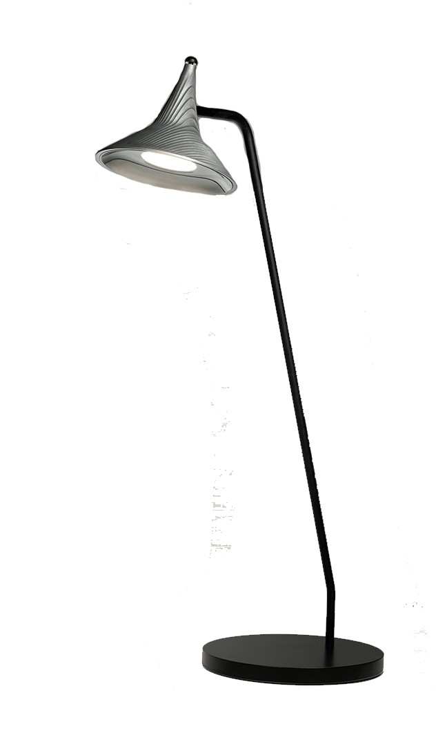 Artemide Unterlinden Tischleuchte, moderne Stehleuchte mit schwarzem Fuß und grauem, kegelförmigem Lampenschirm.