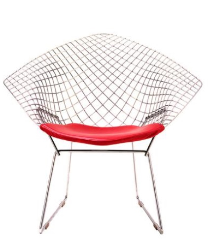 Diamond Sessel mit rotem Sitzkissen. Designklassiker, Drahtstuhl von Knoll International.