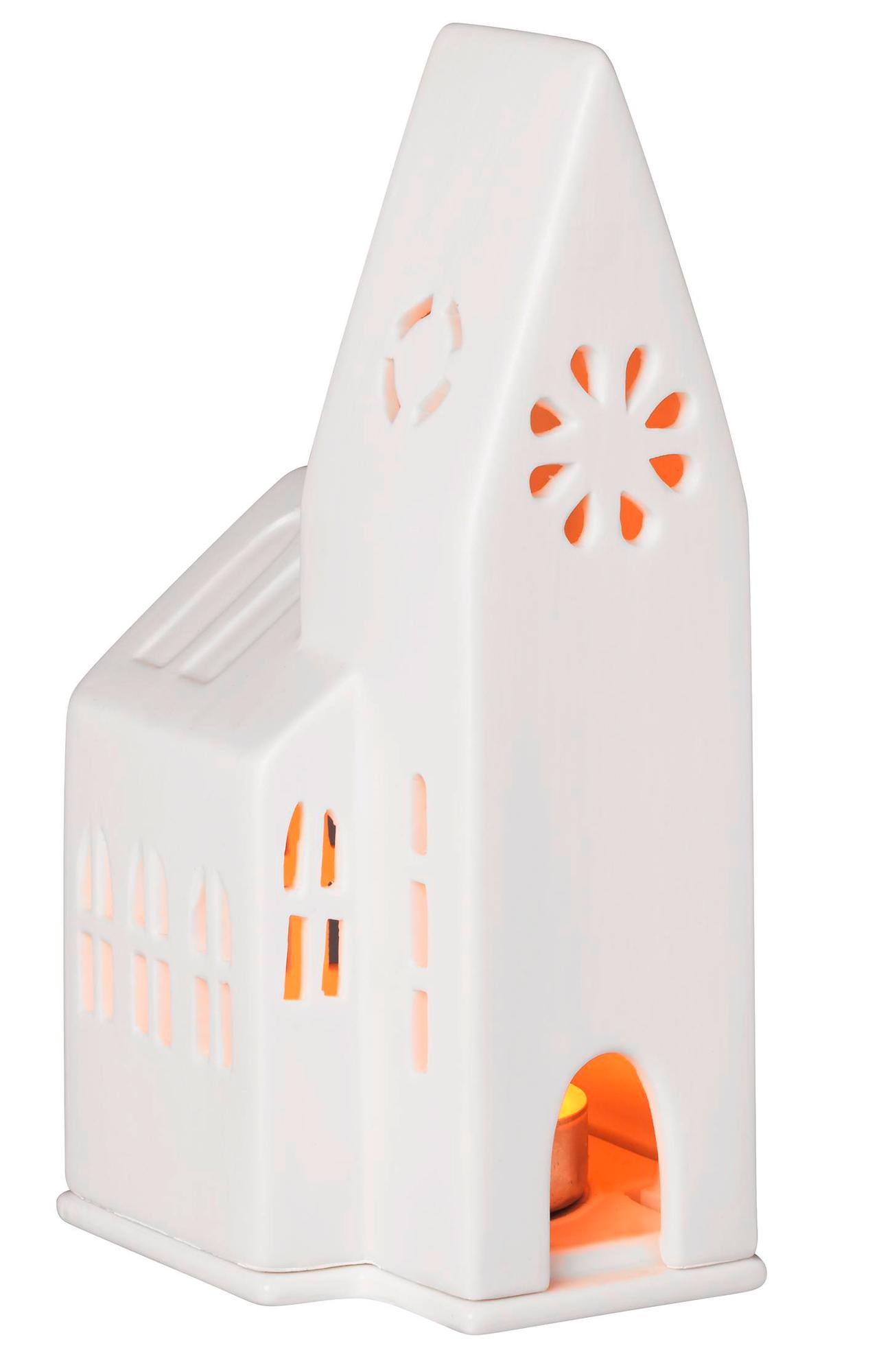 Zuhause Lichthaus kleine Kirche Räder aus Keramik, weiß mit Teelicht für stimmungsvolle Beleuchtung.