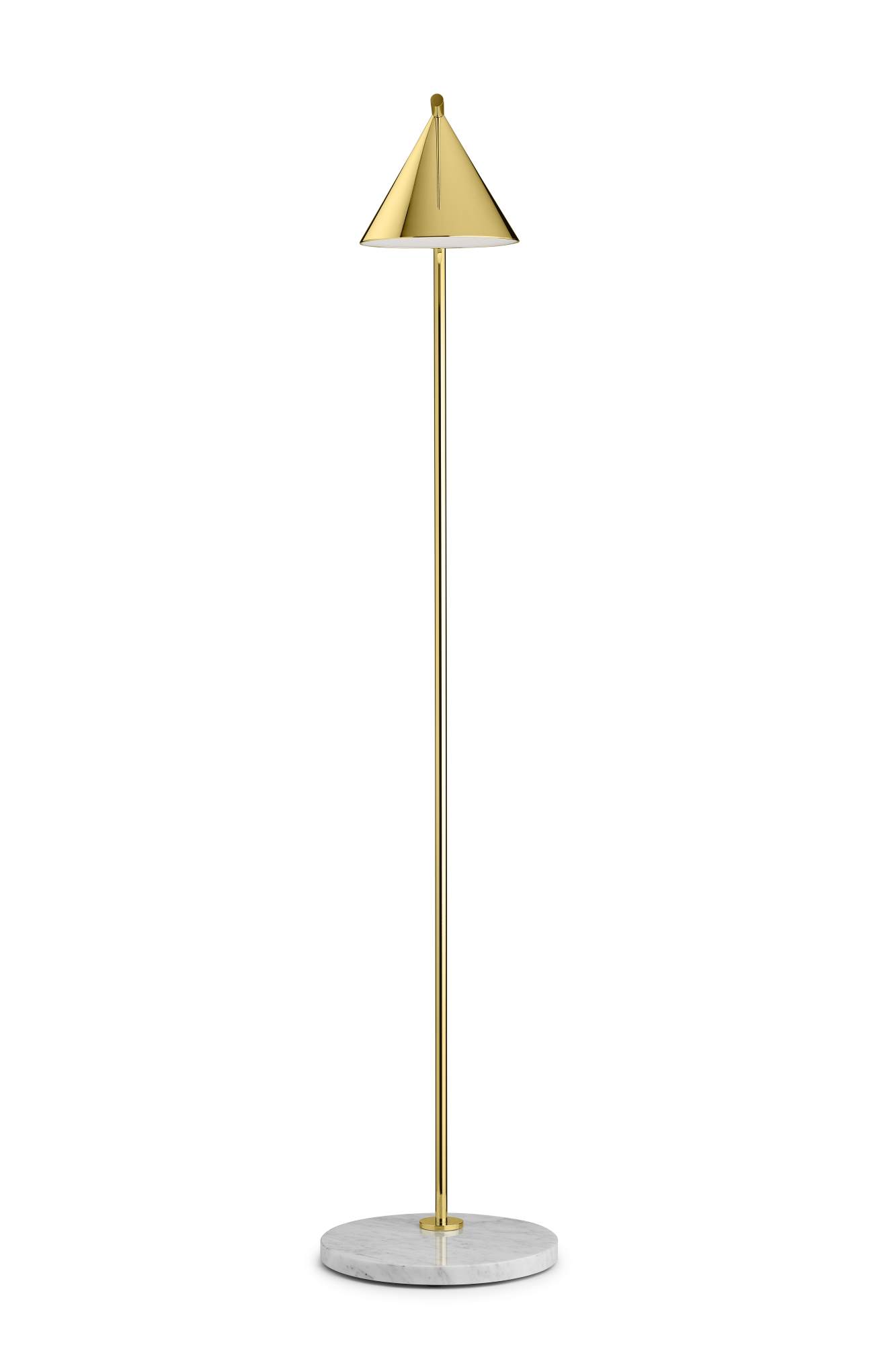 Captain Flint Stehleuchte von Flos: Goldene LED Lampe mit Marmorfuß für Wohnzimmer.