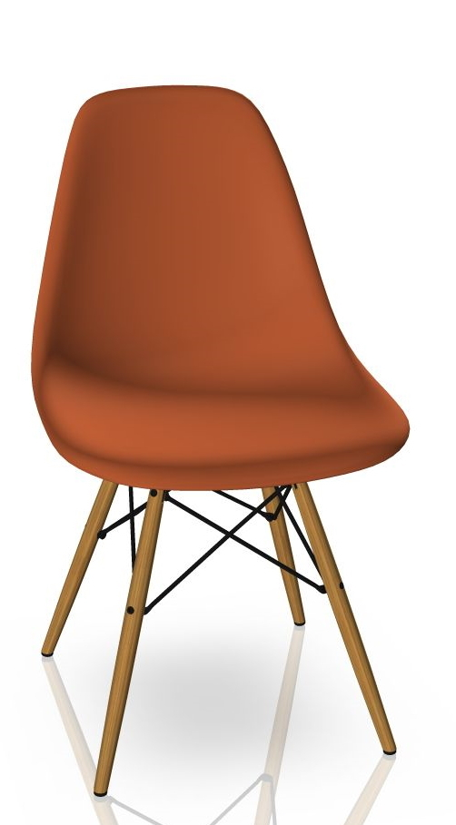 Eames Side Chair DSW in Rostorange mit honigfarbenem Eschenholzgestell. Designklassiker für Esszimmer und Wohnbereich.