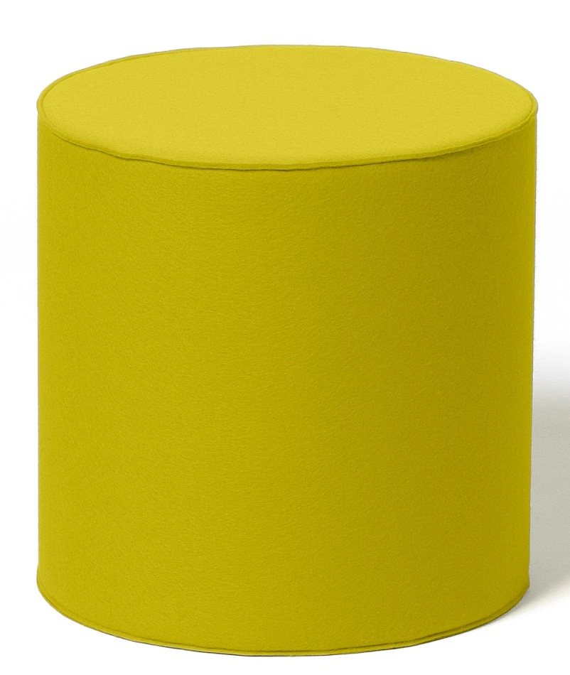 Gelber, zylinderförmiger Sitzhocker aus Stoff, ideal als Fußhocker oder Beistelltisch für modernes Wohnen.