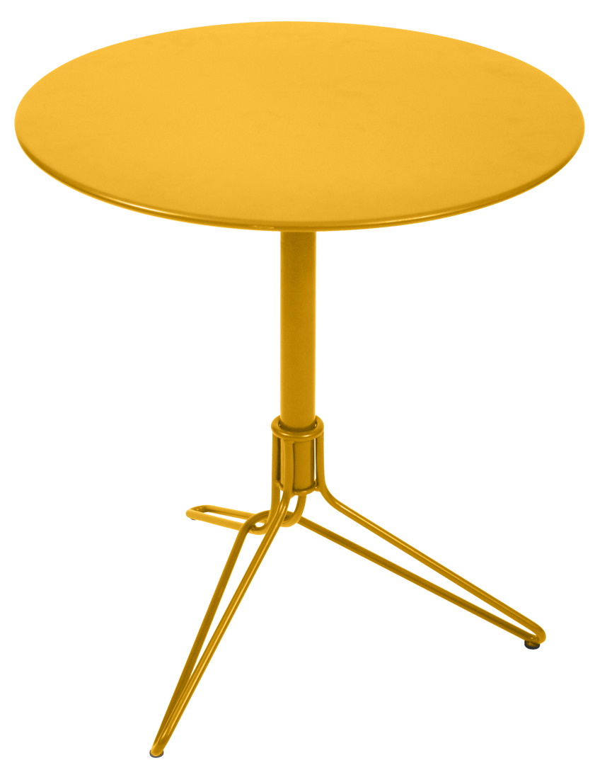 Gelber Flower Tisch von Fermob für den Außenbereich, runder Gartentisch mit filigranem Metallgestell.