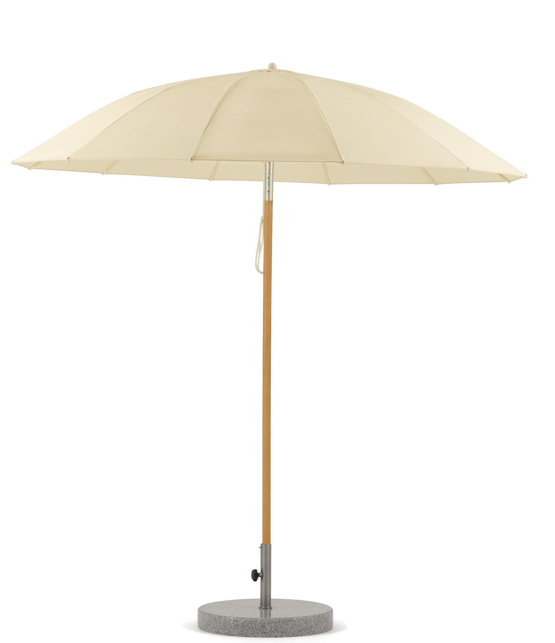Weishäupl Pagodenschirm Sonnenschirm in Beige mit Holzstiel und grauem Granitfuß für den Garten.