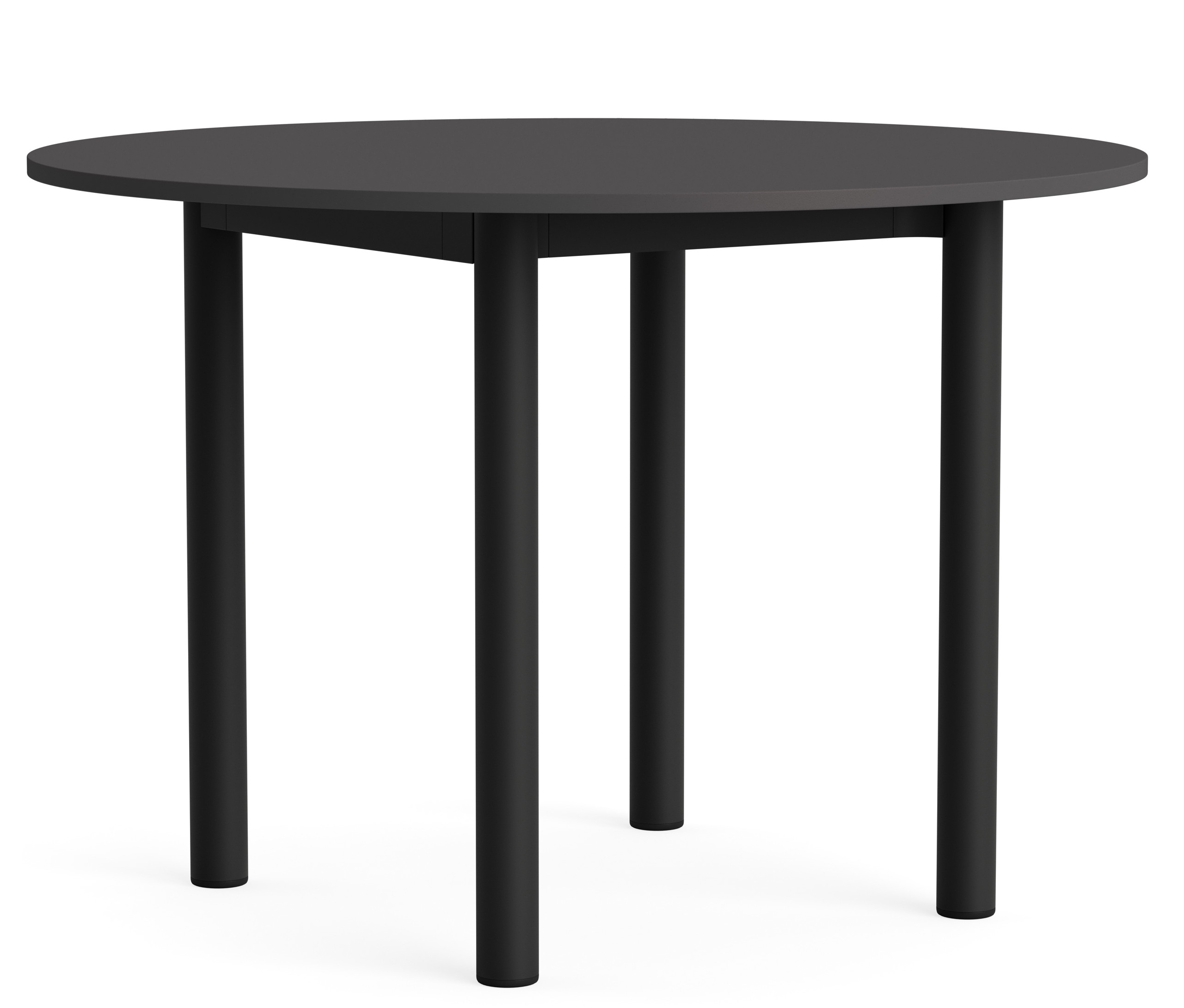 Annex Table Round Esstisch von Hay, runder Tisch mit schwarzer Tischplatte und vier Beinen.