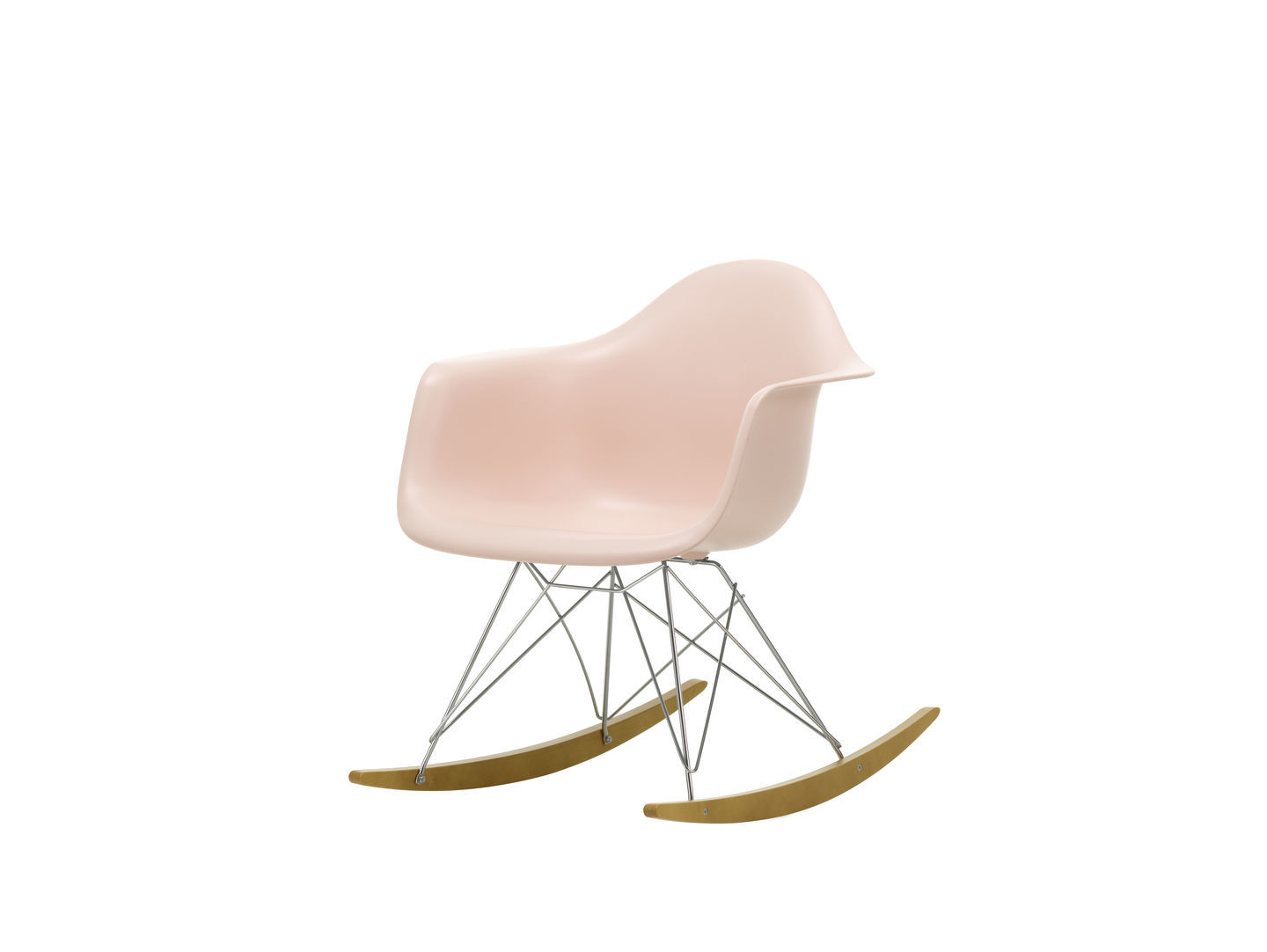 Rosa Eames Schaukelstuhl RAR von Vitra mit verchromtem Drahtgestell und Holz-Kufen. Designklassiker.